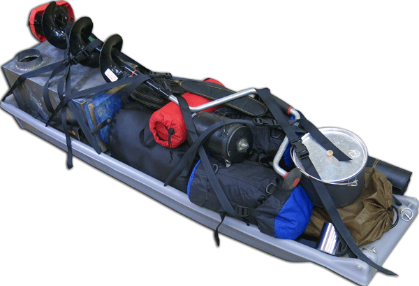 Clipper XL pulk sled packed with winter camping gear.