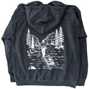 Back of the SkiPulk hooded sweatshirt with a snowy pulk scene.