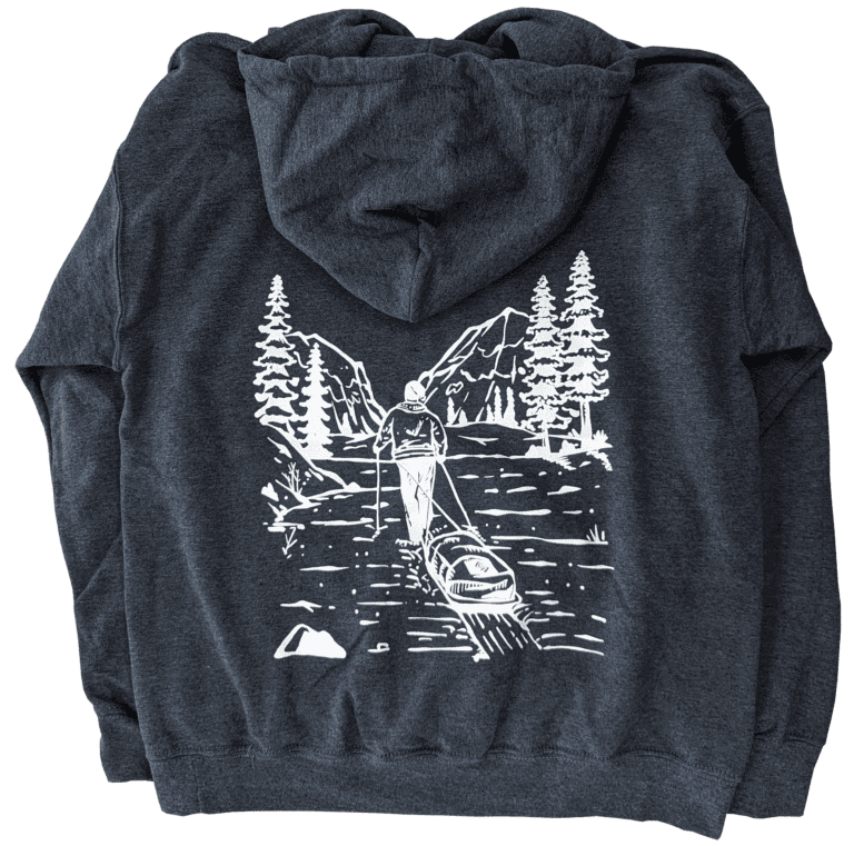 Back of the SkiPulk hooded sweatshirt with a snowy pulk scene.