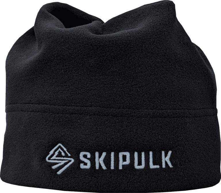 SkiPulk fleece beanie with horizontal logo.