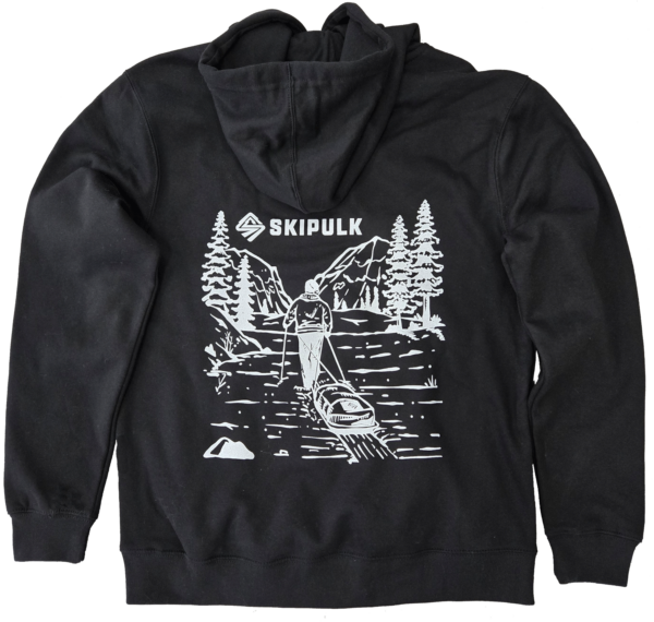 Back of the SkiPulk District Threads brand hoodie in black