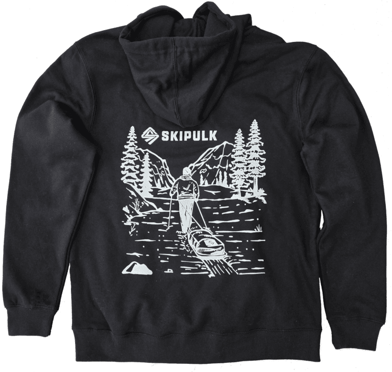 Back of the SkiPulk District Threads brand hoodie in black