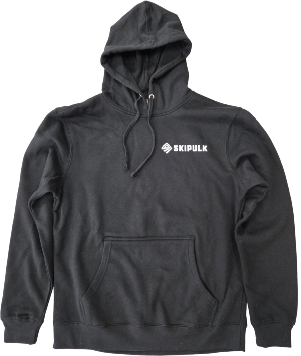 Front of the SkiPulk District Threads brand hoodie in black