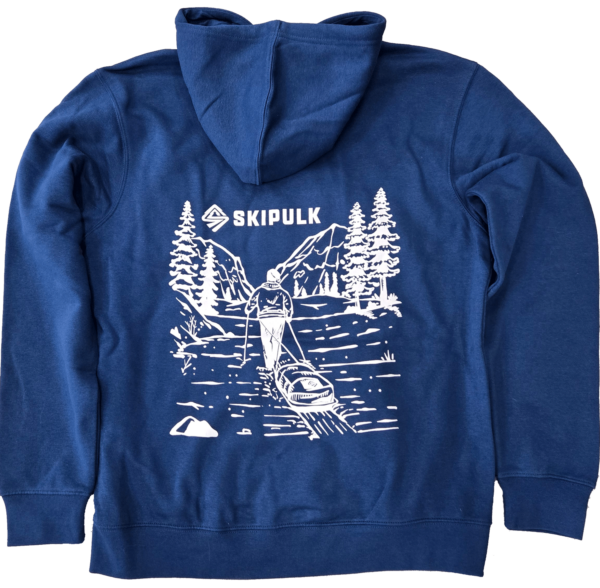 Back of the SkiPulk District Threads brand hoodie in blue