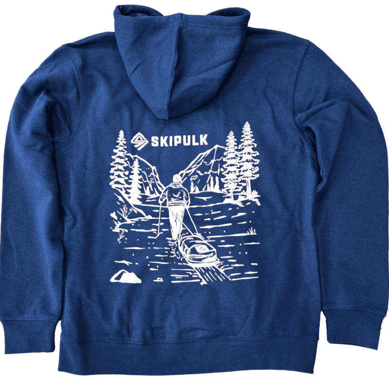 Back of the SkiPulk District Threads brand hoodie in blue