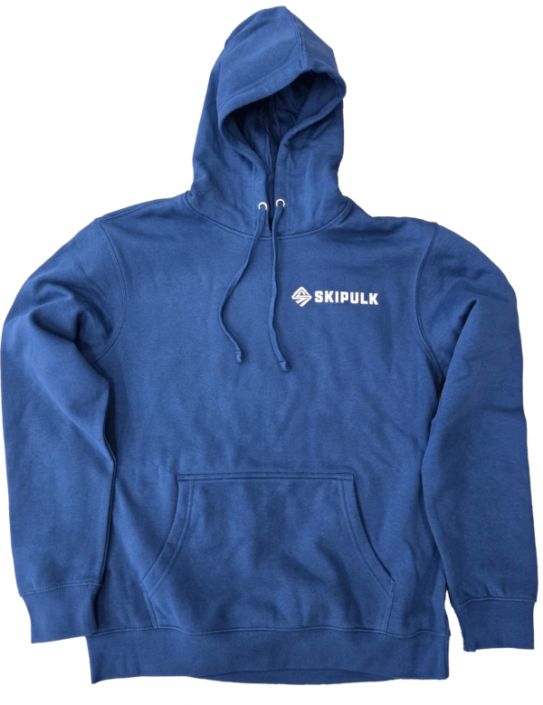 Front of the SkiPulk District Threads brand hoodie in blue