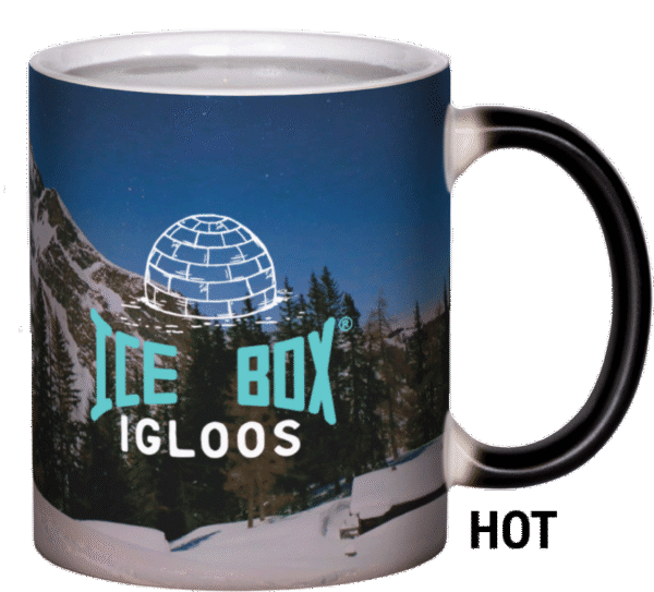 Color changing Icebox branded mug front showing design when hot liquid added