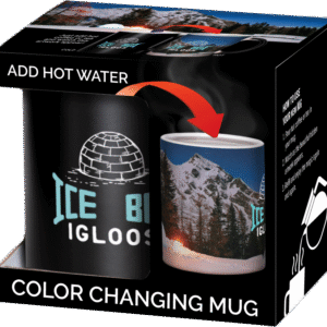 Color changing Icebox branded mug shown in box