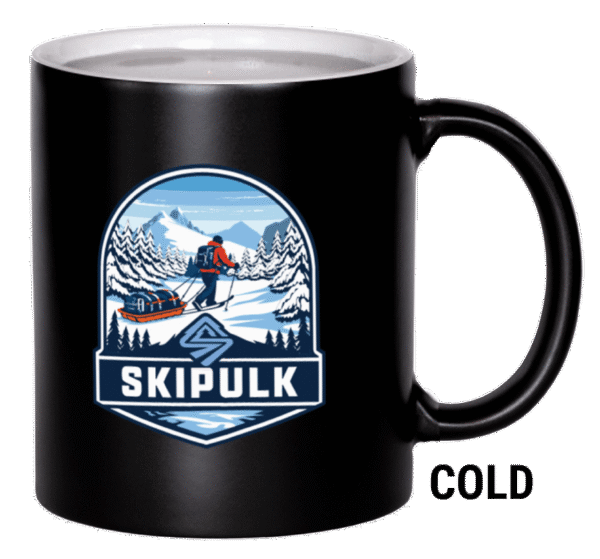 Color changing SkiPulk branded mug front showing design when cold