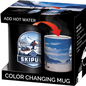 Color changing SkiPulk branded mug shown in box