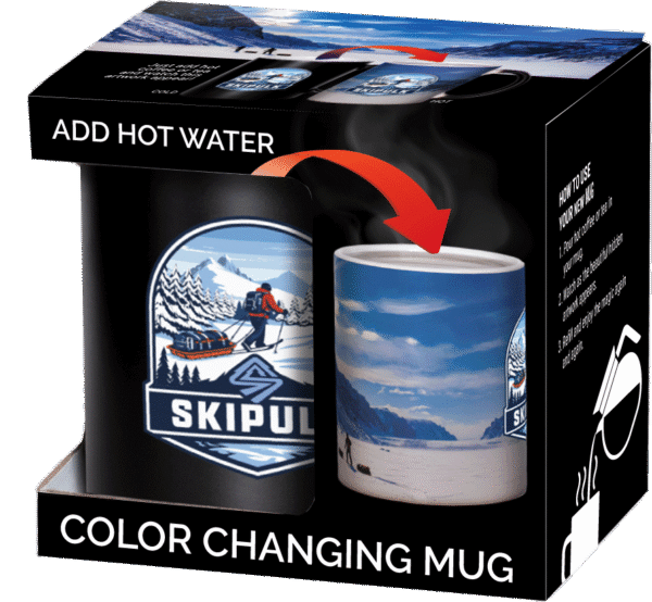 Color changing SkiPulk branded mug shown in box