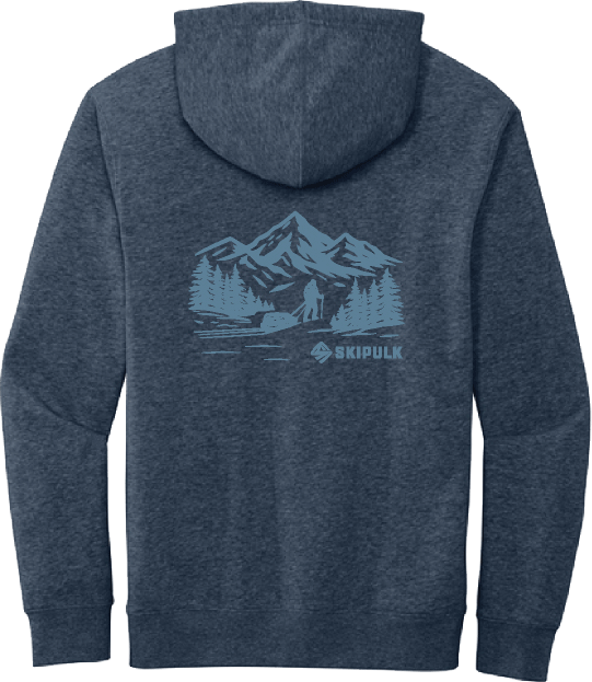 Back of the SkiPulk District Threads brand hoodie in heathered navy with a light blue imprint of a winter mountain scene featuring a person pulling a pulk sled
