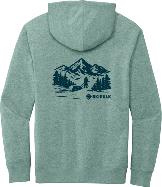 Back of the SkiPulk District Threads brand hoodie in sage with a green imprint of a winter mountain scene featuring a person pulling a pulk sled